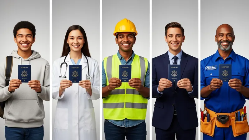 Five travellers — a student, a doctor, an engineer, a corporate professional and a tradesperson — each holding their passport