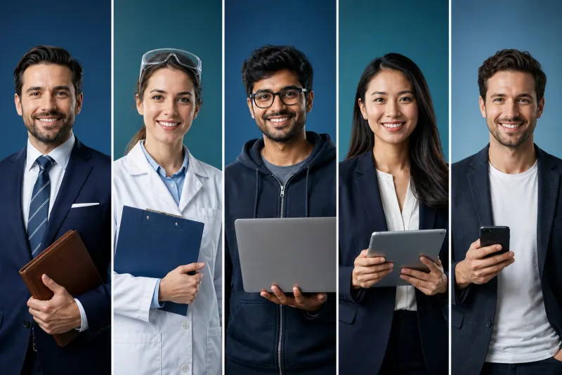 Five professionals — a banker, a scientist, a software engineer, a business leader and a startup founder — each holding their passport