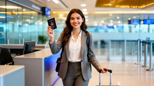 Happy female traveler holding her passport while crossing airport immigration with carry-on luggage